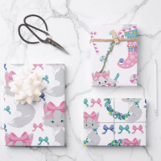 Cute Pink Christmas Cats Wrapping Paper Sheet (Front)