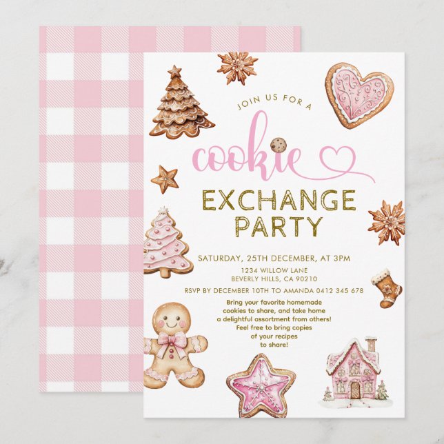Cute Pink Christmas Cookie  Exchange Party  Invitation (Front/Back)