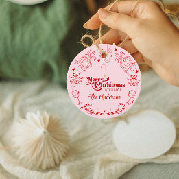 Cute pink christmas doodle custom family name favour tags