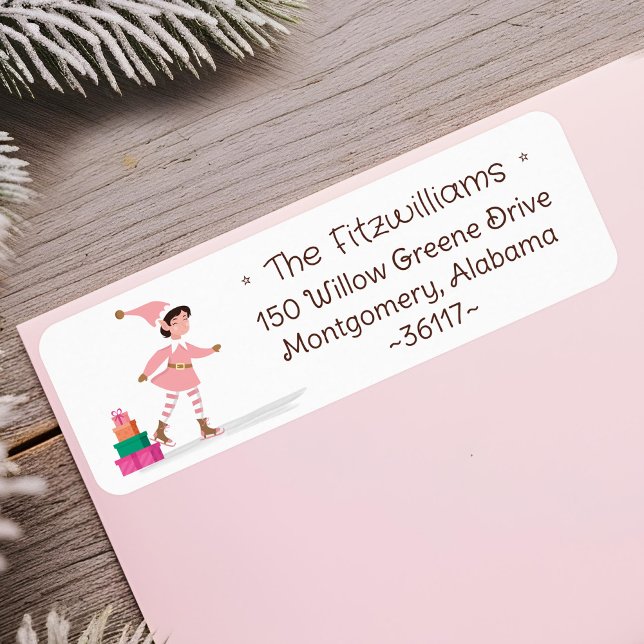 Cute Pink Christmas Elf Ice Skating  (Cute Pink Christmas Elf Ice Skating Label)