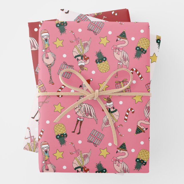 Cute Pink Christmas Flamingo and Pineapple Pattern Wrapping Paper Sheet (In situ)