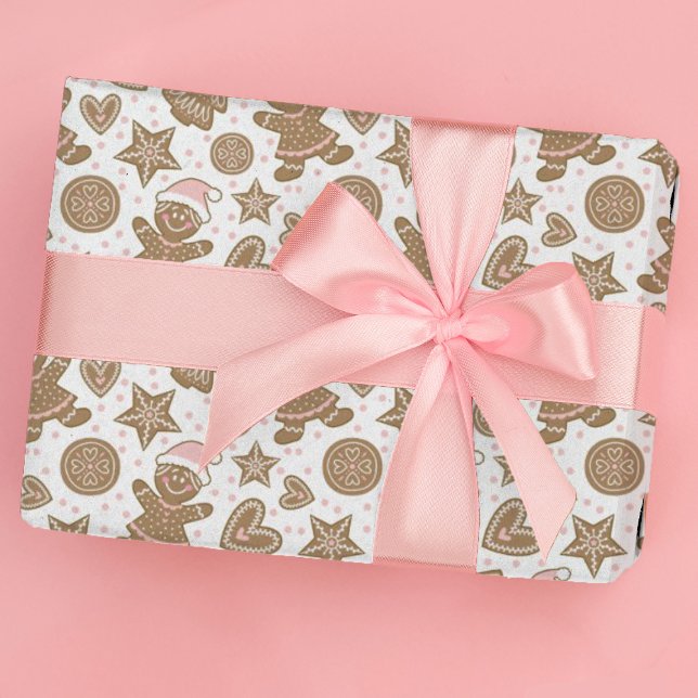  Cute Pink Christmas Gingerbread Cookies Pattern Wrapping Paper (Cute Pink gingerbread girl wrapping paper)