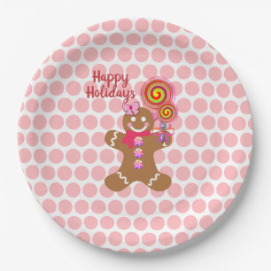 Cute Pink Christmas Gingerbread Girl Holiday Paper Plate