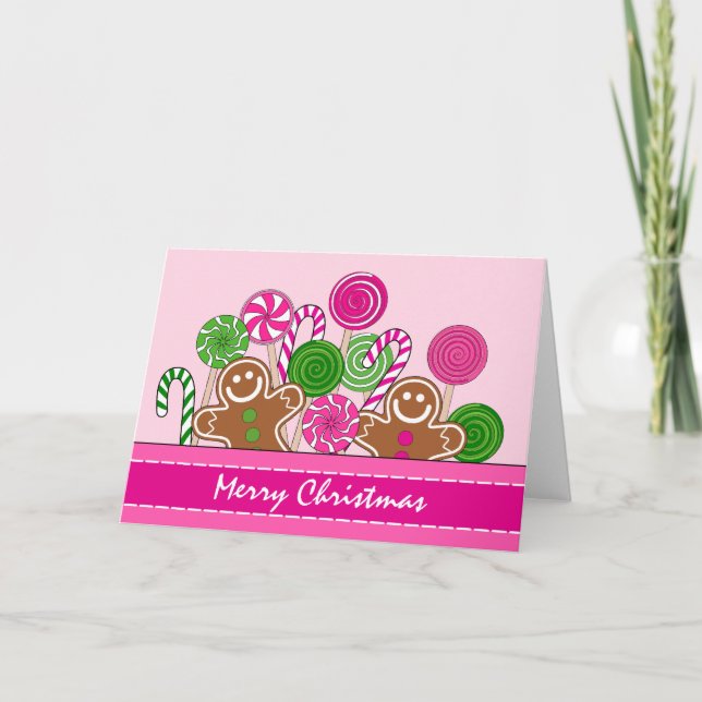 Cute pink Christmas gingerbreads Holiday Card (Front)