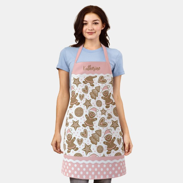Cute Pink Christmas Holiday Gingerbread Girl Apron (Worn)