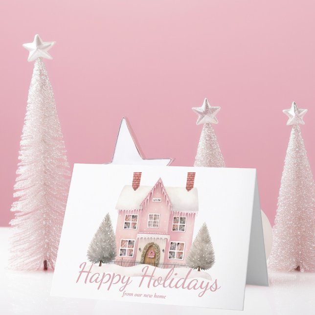 Cute Pink Christmas House New Home Address Holiday Card (Creator Uploaded)