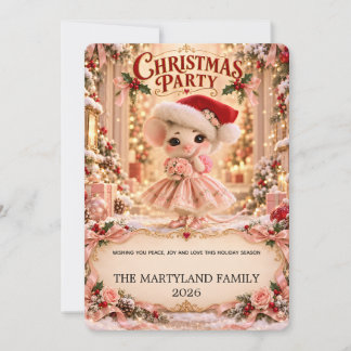Cute Pink Christmas Mouse Family Party Invitation
