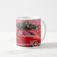 “Cute Pink Christmas Mug – Red Car & Tree Holiday