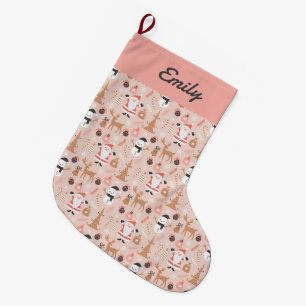 Cute Pink Christmas Pattern with Santa Large Christmas Stocking