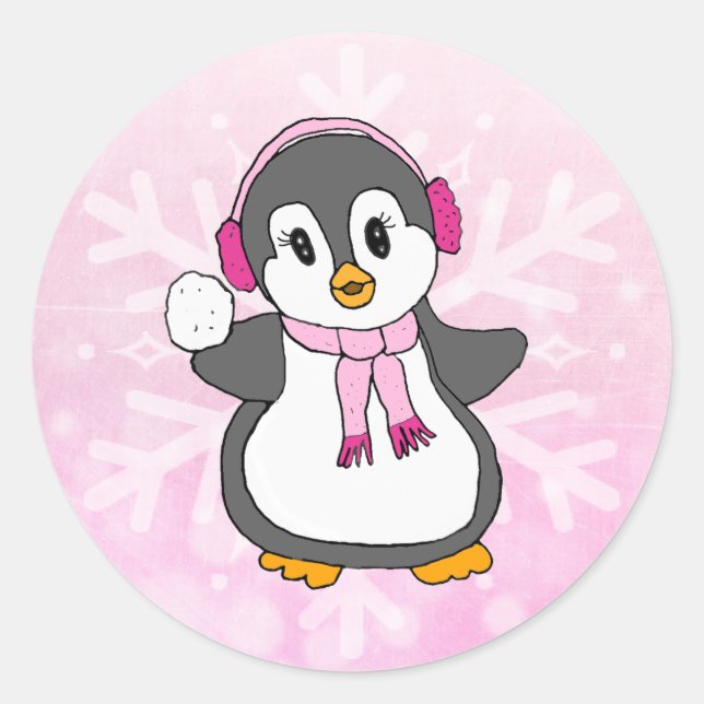 Cute Pink Christmas Penguin with Snowball Holiday Classic Round Sticker (Front)