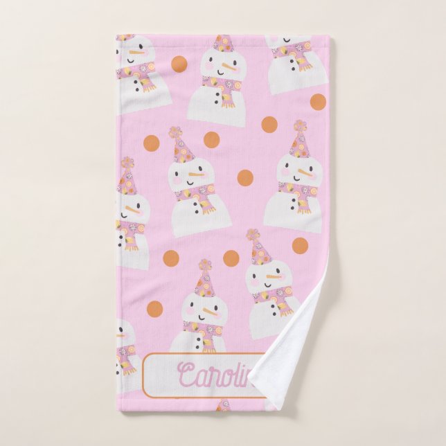 Cute Pink Christmas Polka Dot Snowman Custom Hand Towel (Hand Towel)