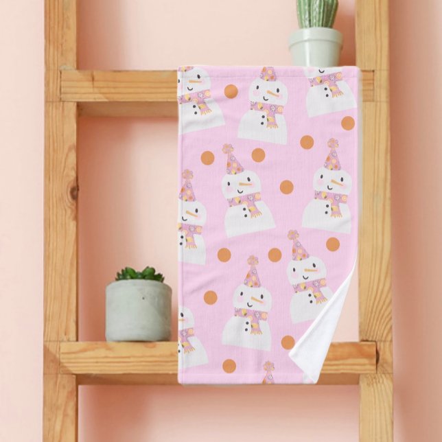 Cute Pink Christmas Polka Dot Snowman  Hand Towel (Creator Uploaded)