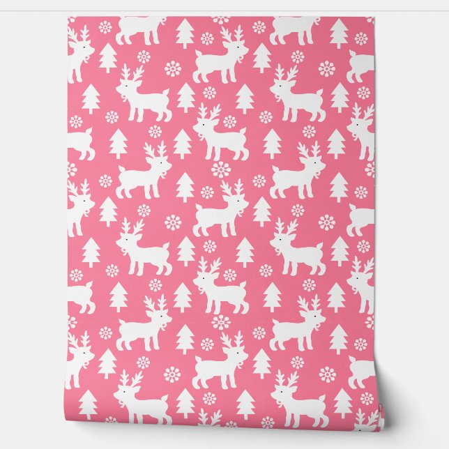 Cute Pink Christmas Reindeer Kids Nursery Room Wallpaper (Unrolling)