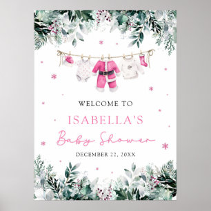 Cute Pink Christmas Santa Baby Shower Welcome Sign