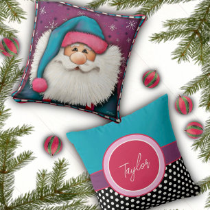 Cute Pink Christmas Santa Personalised Name Cushion