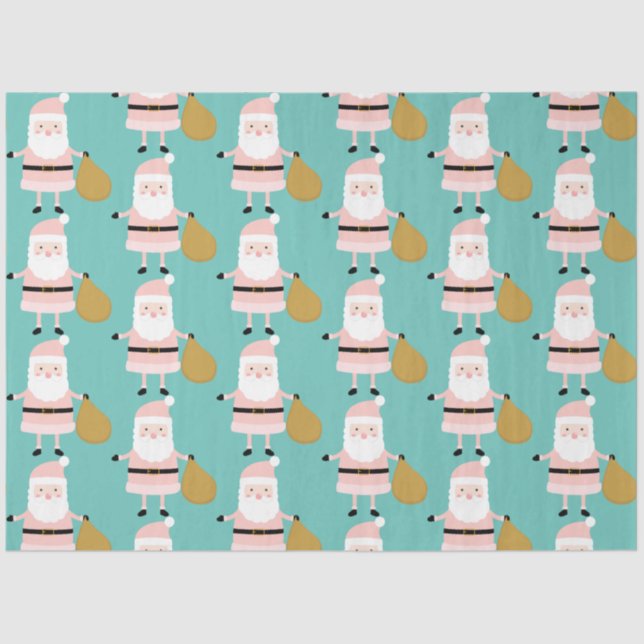 Cute Pink Christmas Santa Whimsical Pattern Teal Tissue Paper (Front)