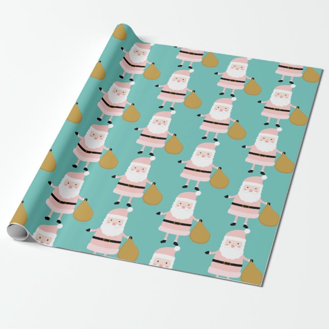 Cute Pink Christmas Santa Whimsical Pattern Teal Wrapping Paper (Unrolled)