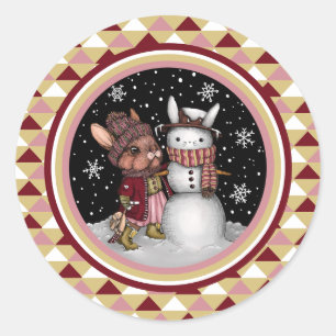 Cute Pink Christmas Snow Bunny Rabbit Illustration Classic Round Sticker