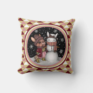 Cute Pink Christmas Snow Bunny Rabbit Illustration Cushion