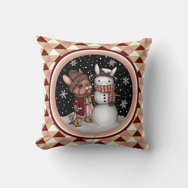 Cute Pink Christmas Snow Bunny Rabbit Illustration Cushion (Front)