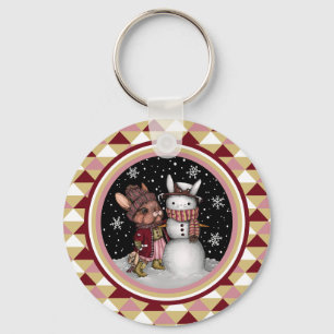 Cute Pink Christmas Snow Bunny Rabbit Illustration Key Ring