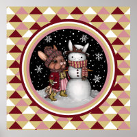 Cute Pink Christmas Snow Bunny Rabbit Illustration