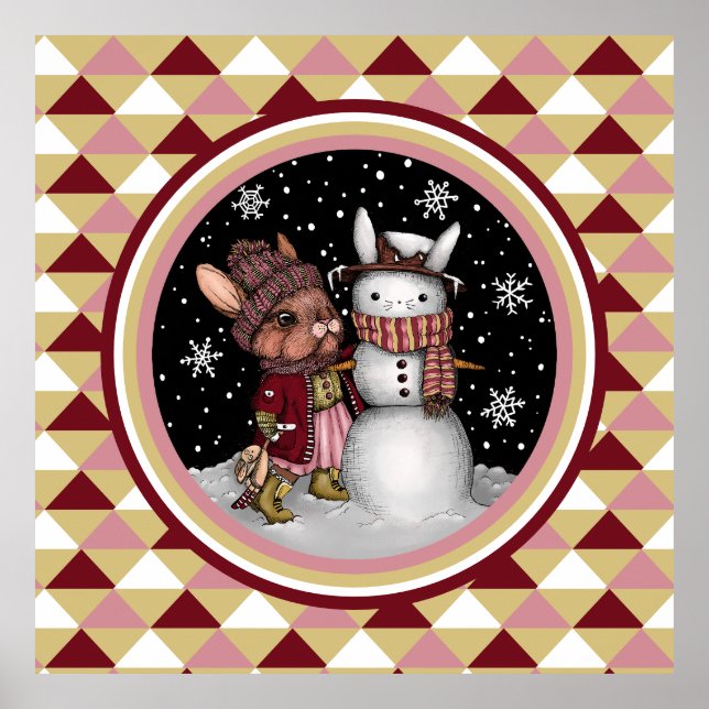 Cute Pink Christmas Snow Bunny Rabbit Illustration Poster (Front)