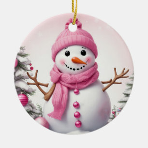 Cute Pink Christmas Snowman Ceramic Tree Decoration