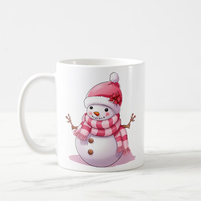 Cute Pink Christmas Snowman Coffee Mug (Left)