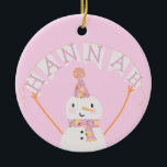 Cute Pink Christmas Snowman Kids Custom Ceramic Tree Decoration<br><div class="desc">This ornament includes an adorable pink and orange snowman. Perfect for kids for the holidays. A name can be added to the banner and custom text to the back.</div>