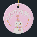 Cute Pink Christmas Snowman Kids Custom Ceramic Tree Decoration<br><div class="desc">This ornament includes an adorable pink and orange snowman. Perfect for kids for the holidays. A name can be added to the banner and custom text to the back.</div>