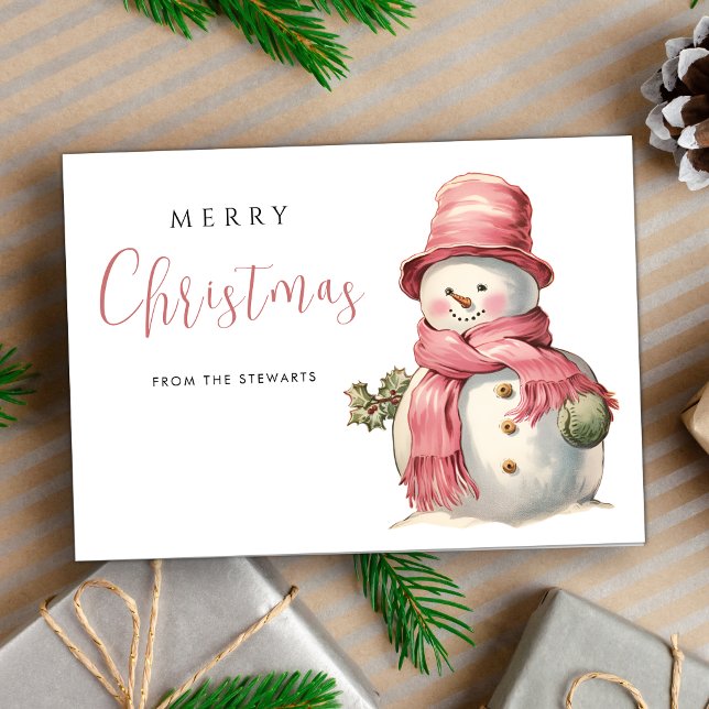 Cute Pink Christmas Snowman Modern Holiday Card (Creator Uploaded)