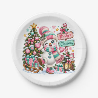 Cute Pink Christmas Snowman Paper Plate