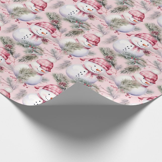 Cute Pink Christmas Snowmen & Greenery Wrapping Paper (Corner)