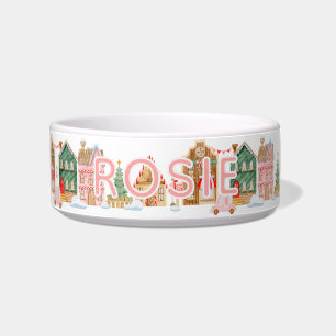 Cute Pink Christmas Town Dog Bowl