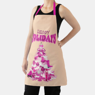 Cute Pink Christmas Tree Happy Holidays Apron