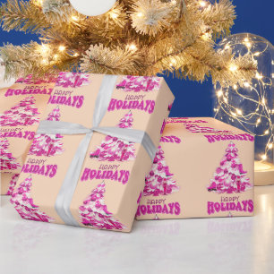 Cute Pink Christmas Tree Happy Holidays Wrapping Paper
