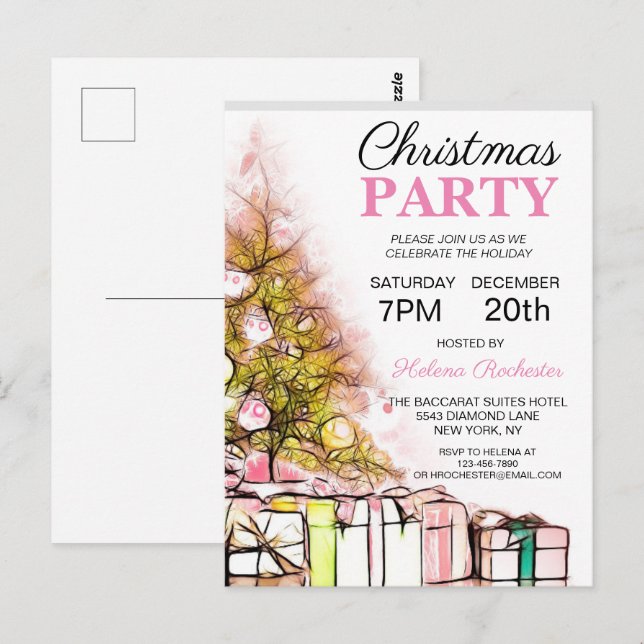 Cute Pink Christmas Tree Holiday Invitation Postcard (Front/Back)