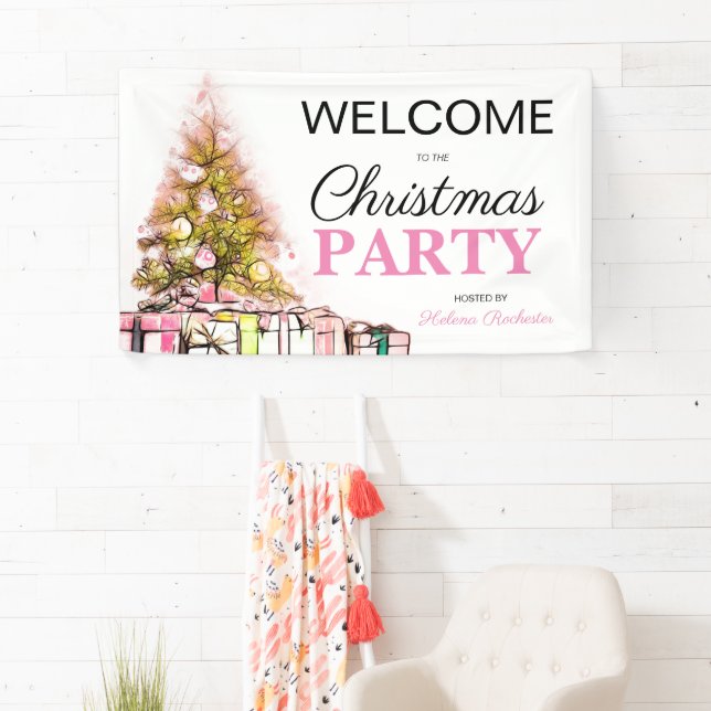 Cute Pink Christmas Tree Holiday Party Welcome Banner (Insitu)