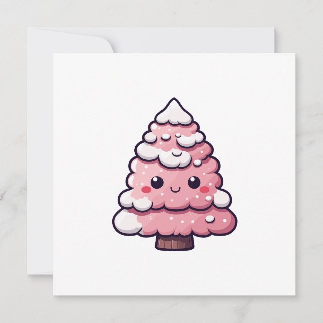 Cute Pink Christmas Tree Illustration Holiday Card (Front)