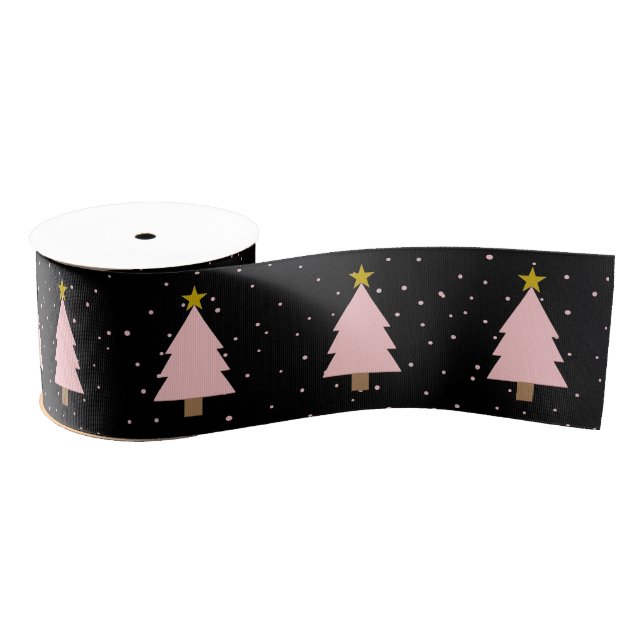 Cute Pink Christmas Tree Line, Golden Stars Black Grosgrain Ribbon (Spool)