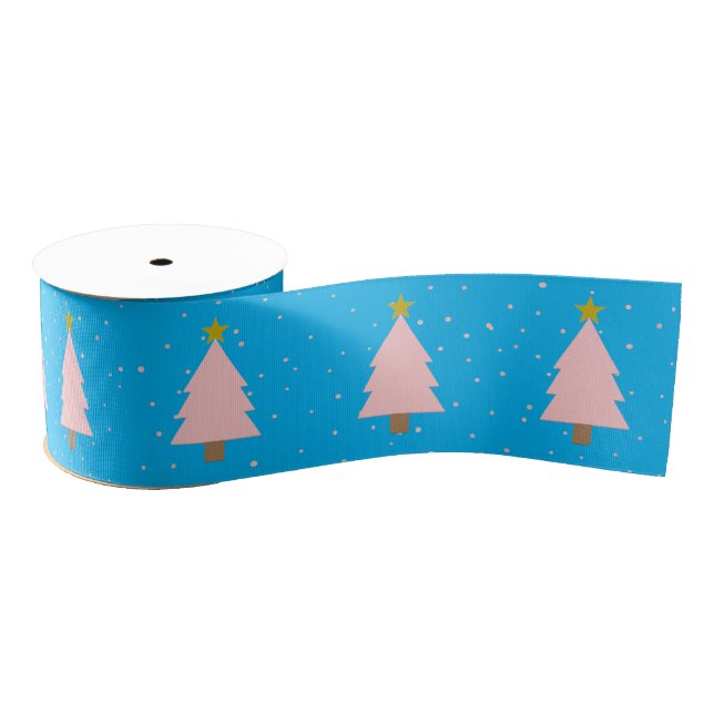 Cute Pink Christmas Tree Line, Golden Stars Blue Grosgrain Ribbon (Spool)