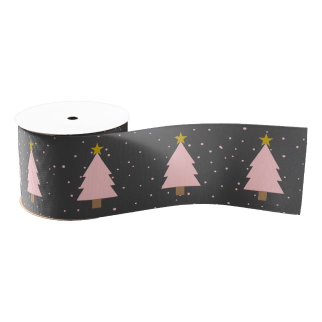 Cute Pink Christmas Tree Line, Golden Stars Grey Grosgrain Ribbon (Spool)