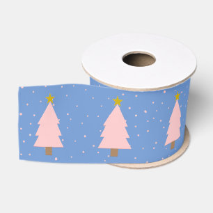 Cute Pink Christmas Tree Line Golden Stars on Blue Grosgrain Ribbon