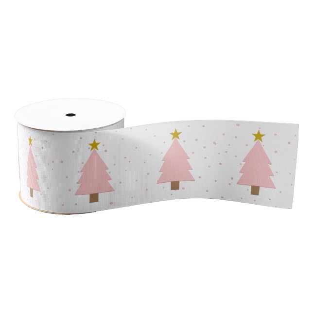 Cute Pink Christmas Tree Line, Golden Stars White Grosgrain Ribbon (Spool)