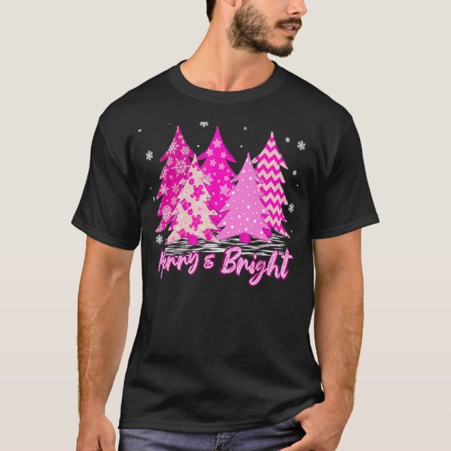 Cute Pink Christmas Tree Merry And Bright Xmas T-Shirt (Front)