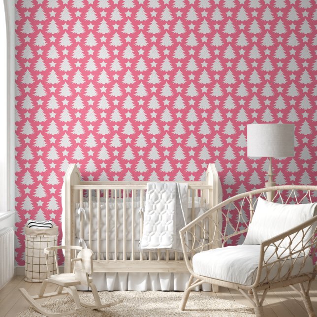 Cute Pink Christmas Tree Pattern Kids Nursery Room Wallpaper (Kids)
