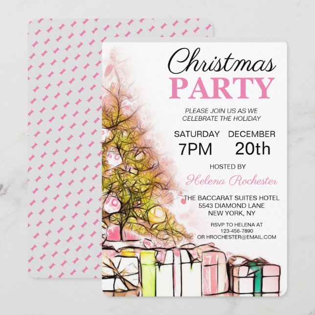 Cute Pink Christmas Tree & Presents Holiday Invitation (Front/Back)