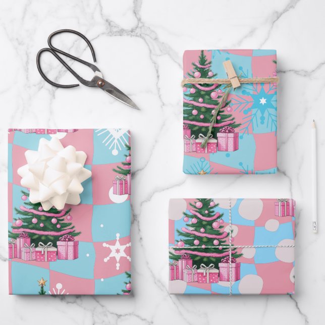 Cute Pink Christmas Tree Wrapping Paper Sheet (Front)