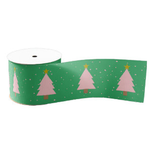 Cute Pink Christmas Trees, Golden Stars Sea Green Grosgrain Ribbon
